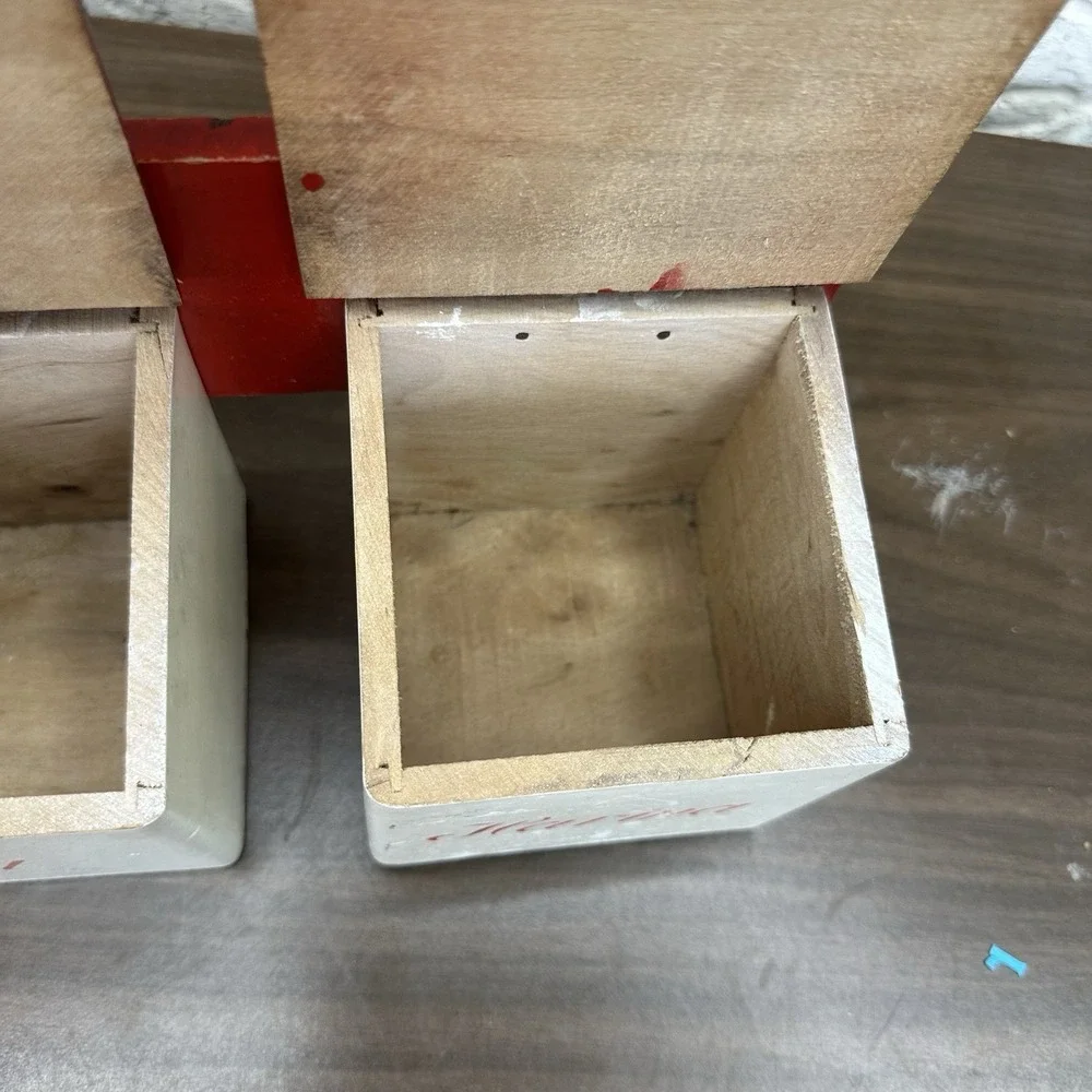 Vintage red & white wall-mounted Wooden kitchen sal & harina containers Holder